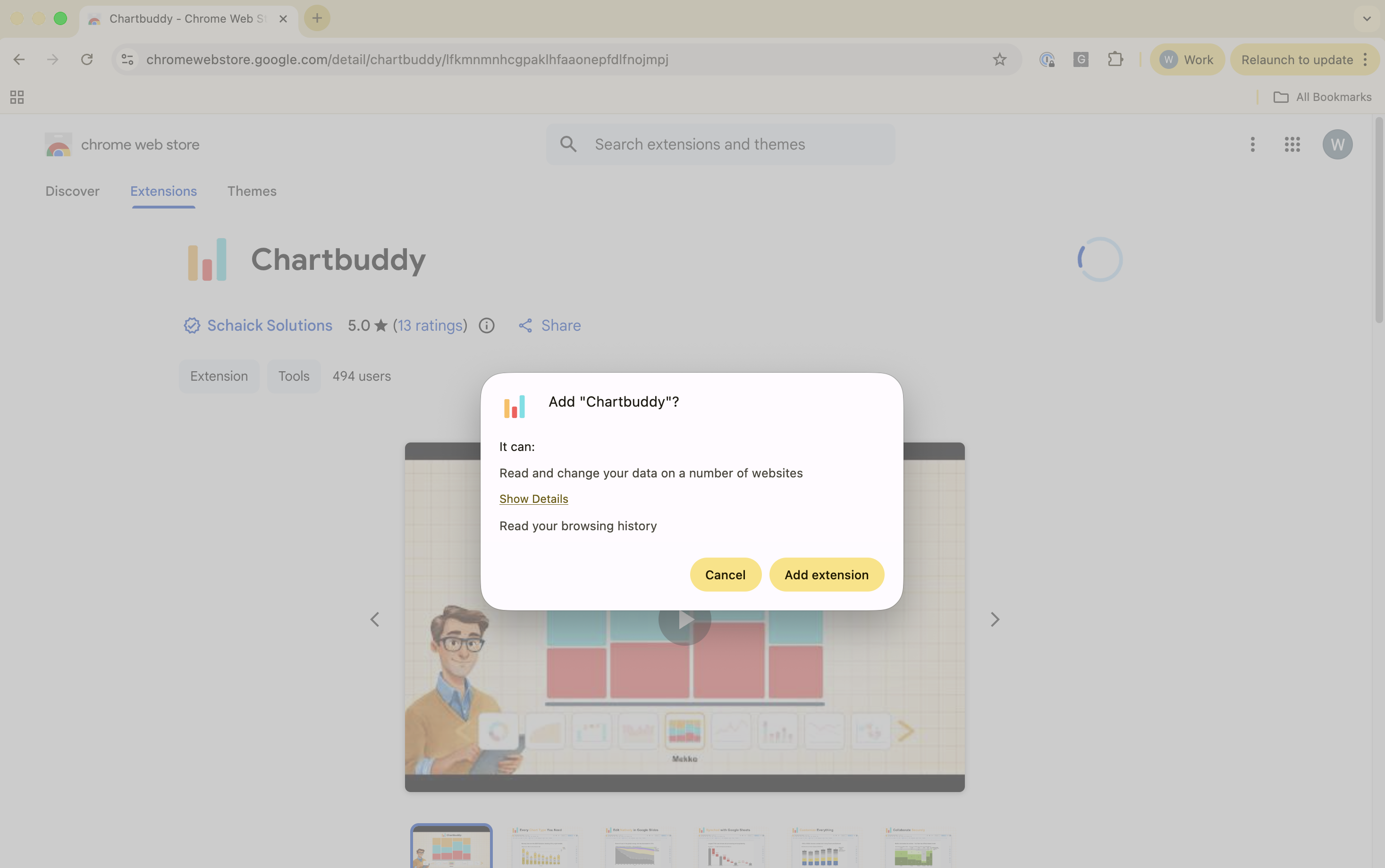 Chrome extension permissions dialog for Chartbuddy